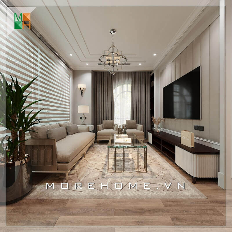 Morehome gợi ý cho bạn mẫu thiết kế nội thất phòng khách chung cư, nhà phố tiện nghi và sang trọng mang phong cách tân cổ điển. Tập hợp các mẫu thiết kế phòng khách biệt thự, nhà phố đẹp