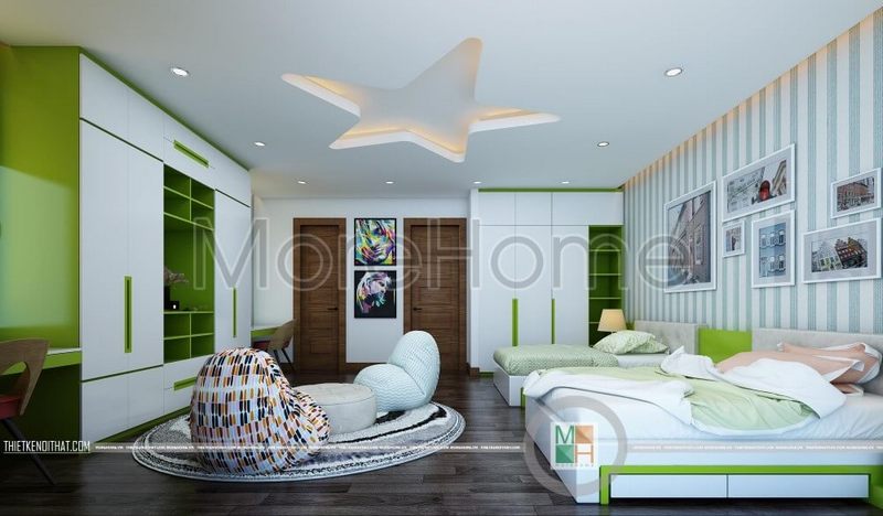 Mẫu giường ngủ gỗ công nghiệp, đầu giường bọc sofa hiện đại đơn giản cho không gian phòng ngủ của bé