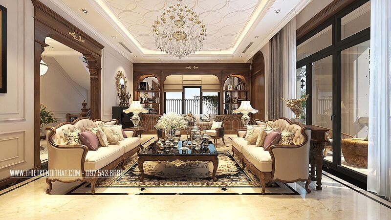 Bàn trà phòng khách màu nâu trầm bóng mượt với những đường nét tinh tế làm nên một điểm nhấn nổi bật cho căn phòng.