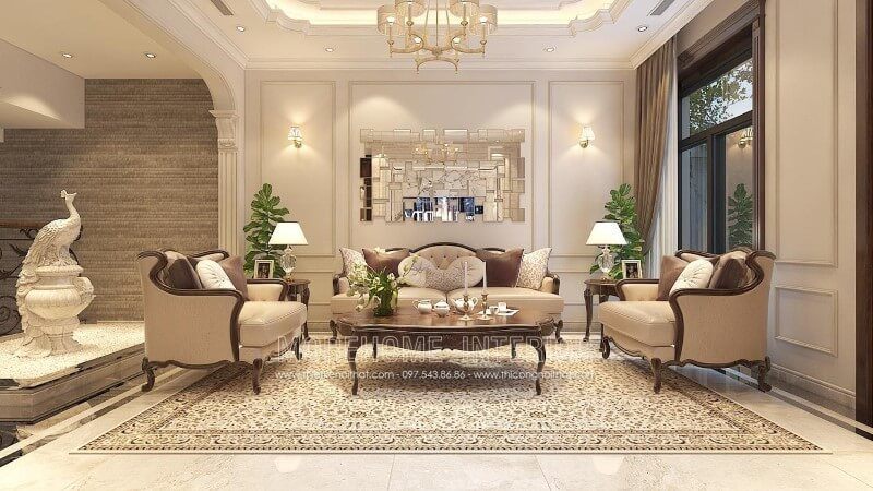 Thiết kế sofa gỗ óc chó cao cấp cho không gian biệt thự tân cổ điển.