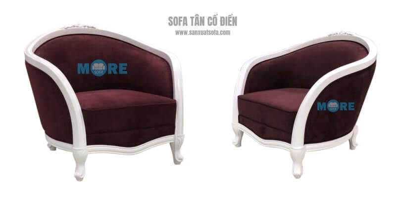 Sofa tân cổ điển đẹp và nổi bật được tạo thành bởi sự kết hợp giữa khung gỗ tự nhiên màu trắng và bọc nỉ màu nâu đơn giản.