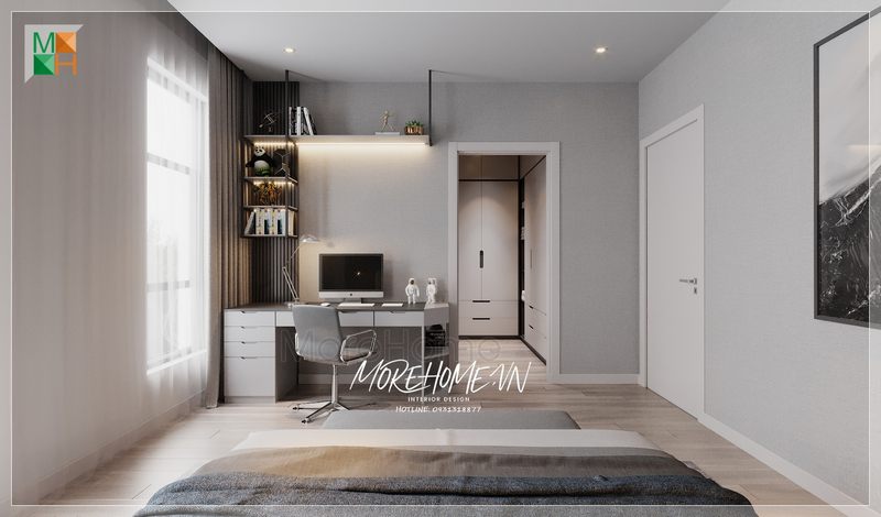 Cánh cửa gỗ tự nhiên màu trắng được thiết kế đơn giản, không quá nhiều chi tiết phức tạp, mang lại sự thoải mái và dễ chịu cho phòng ngủ hiện đại.